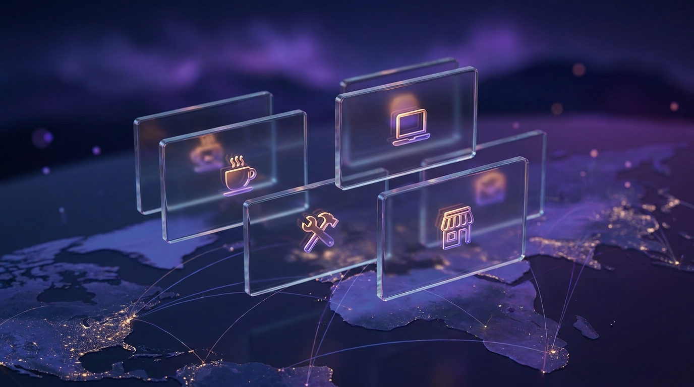 Translucent cards with business icons floating over a world map
