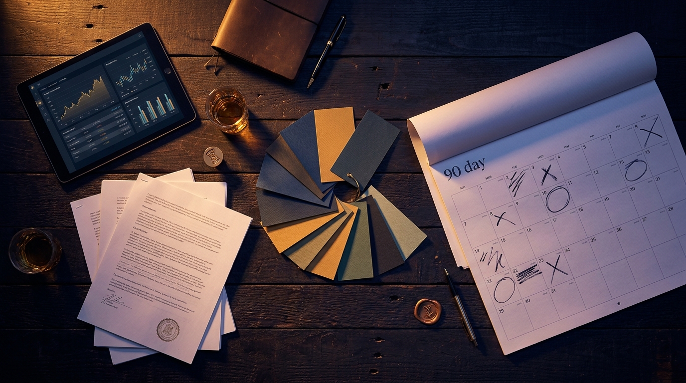 Founder launch kit flat-lay: documents, financial charts, brand swatches and a 90-day calendar